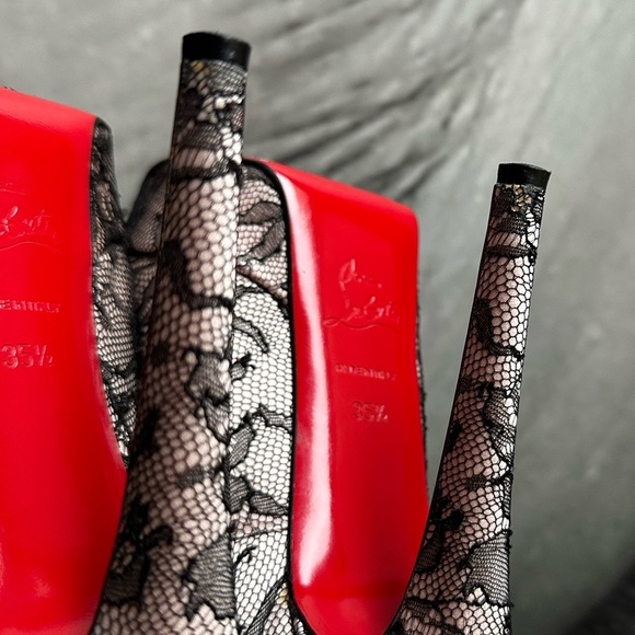 🌺CHRISTIAN LOUBOUTIN 👠 Pink Satin And Black Lace Platform Pump Size: 35.5 - Picture 10 of 13